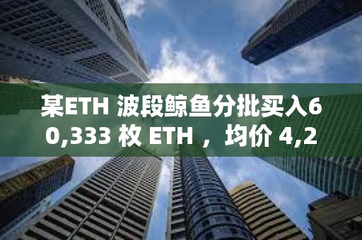 某ETH 波段鯨魚分批買入60,333 枚 ETH ,均價 4,256美元 某ETH 波段鯨魚分批買入60,333 枚 ETH ,均價 4,256美元